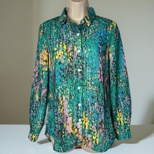 Shall We Women’s Long Slv Button Down Tropical Artsy Colorful Print SZ XS NWT